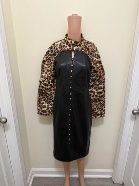 For Her NYC  Midi Dress Leather, Black Leopard Print  Size M